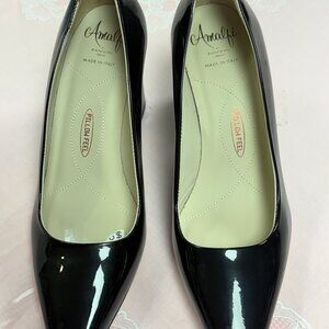 NEW-Amalfi by Rangoni-Women Black Patent leather heel Dress shoes.Sza-7M.Italy.